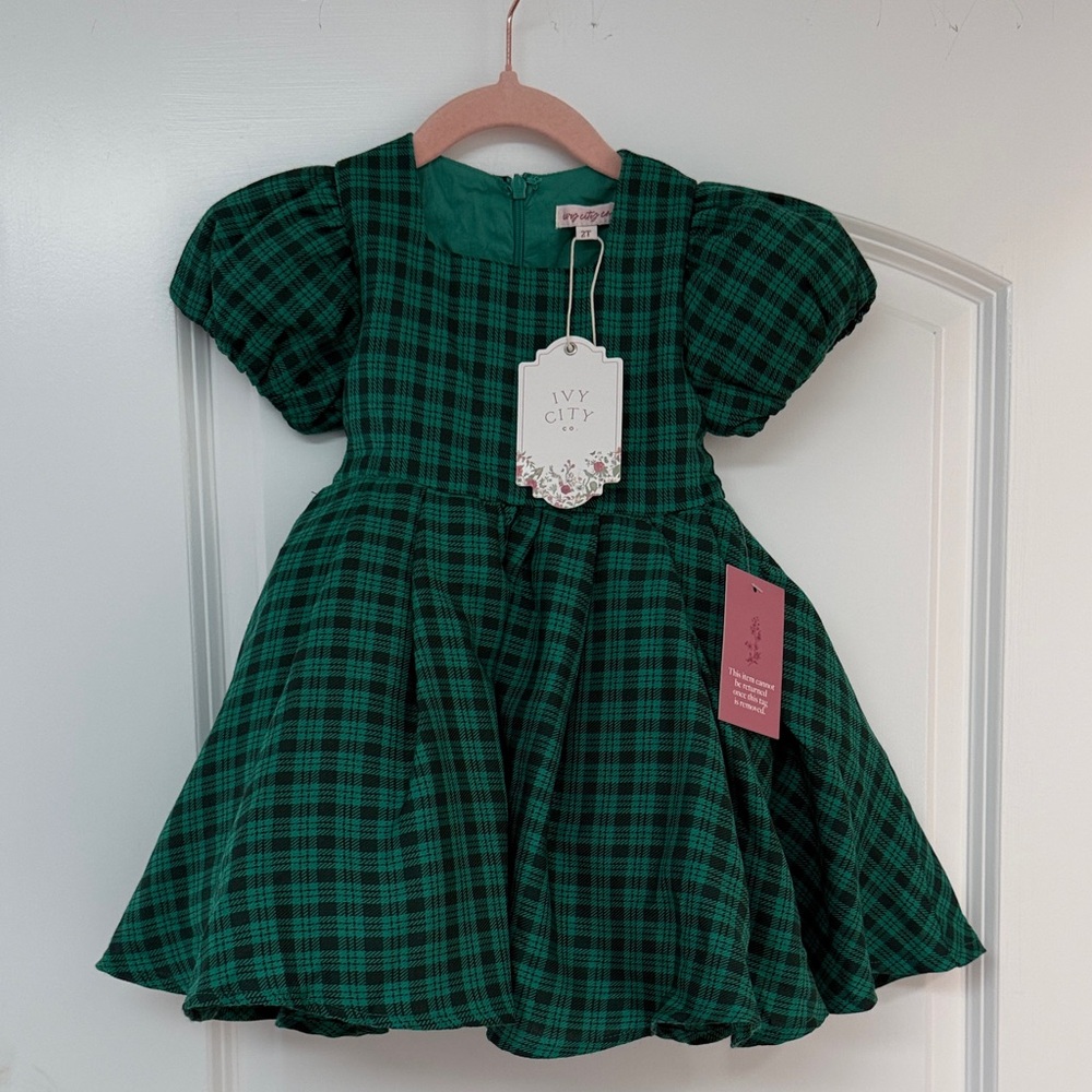 Ivy City Co Mini Cupcake Dress in Bright Green Plaid